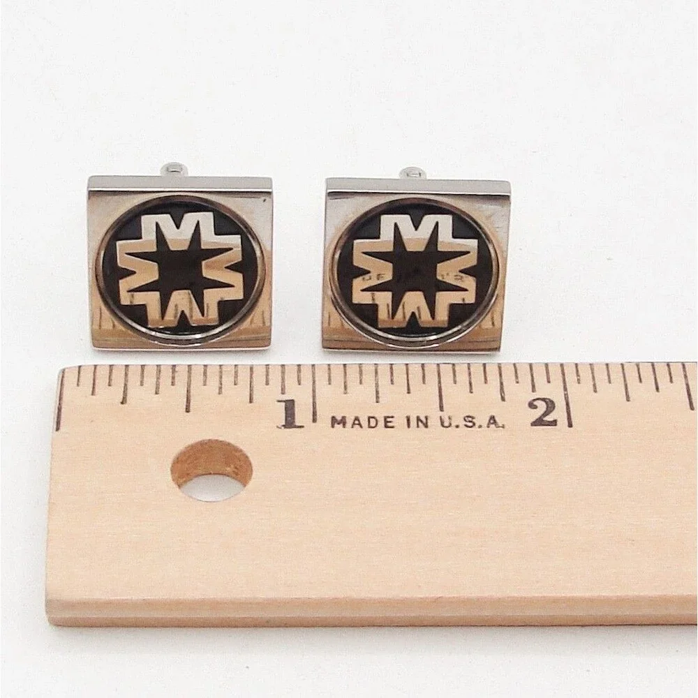 Vintage Silver Tone Square Geometric Starburst Cufflinks Black Enamel Industrial